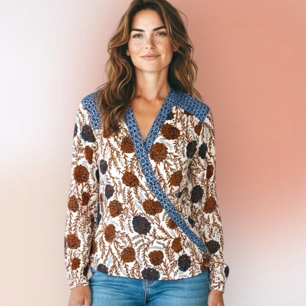 Daniel Rainn Draped Front Wrap Long Sleeve Blouse Floral Blue and Rust Med